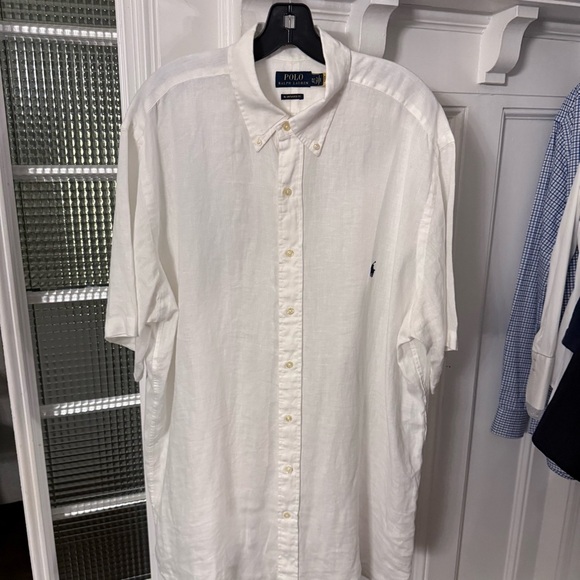 POLO RALPH LAUREN 100% LINEN BUTTON SHIRT SZ XLT WHITE SHORT SLEEVE NAVY PONY - Picture 6 of 13